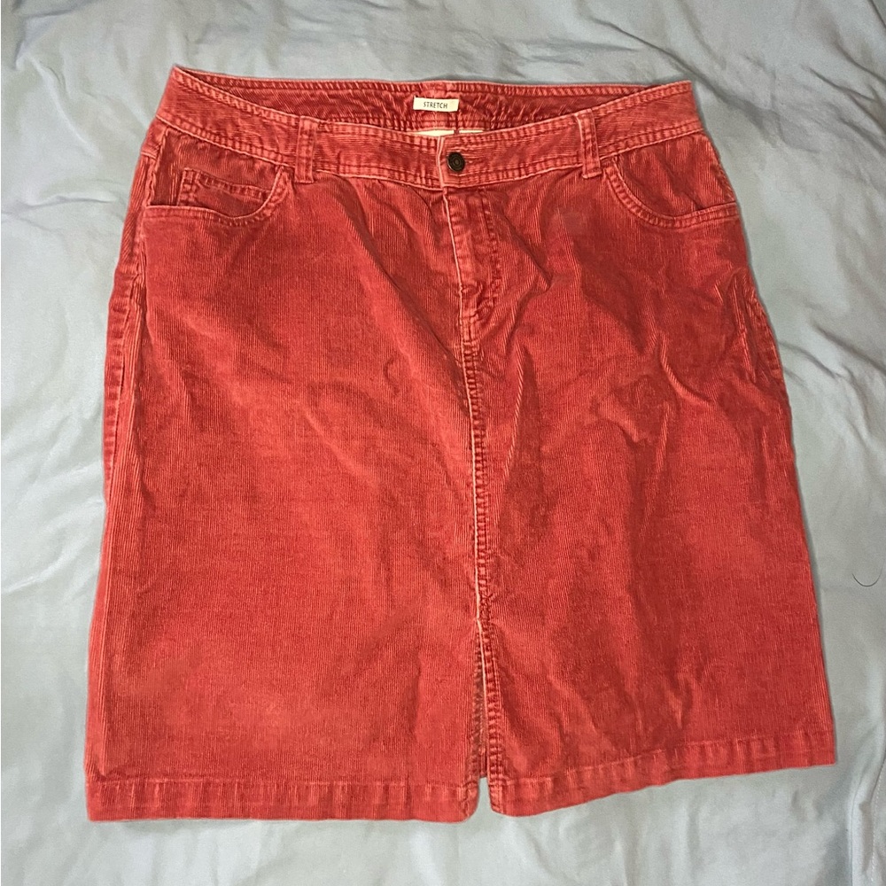 90s VTG Womens Corduroy Skirt 5 Pocket Salmon Orange Red Size 16 Slit Front